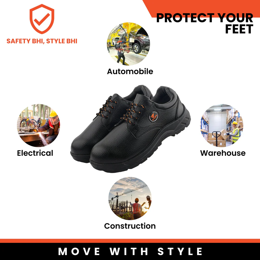 FUEL Arsenal LC Genuine Leather Safety Shoes for Men's Steel Toe Cap With Single Density PVC Sole (Black)