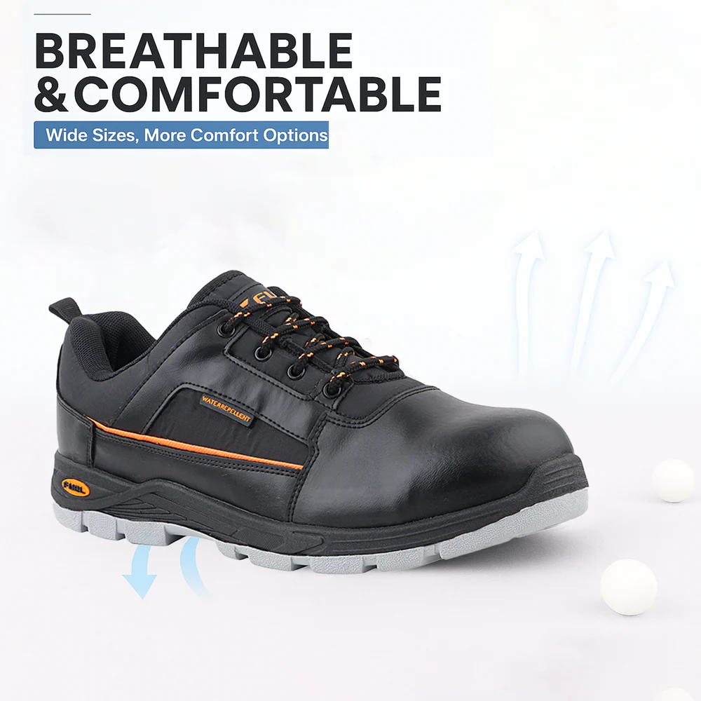 FUEL Armour 3 DD ISI Marked Synthetic Fabric Breathable Safety Shoes For Men's Steel Toe Cap With Double Density Rubberized PVC Sole (Black)