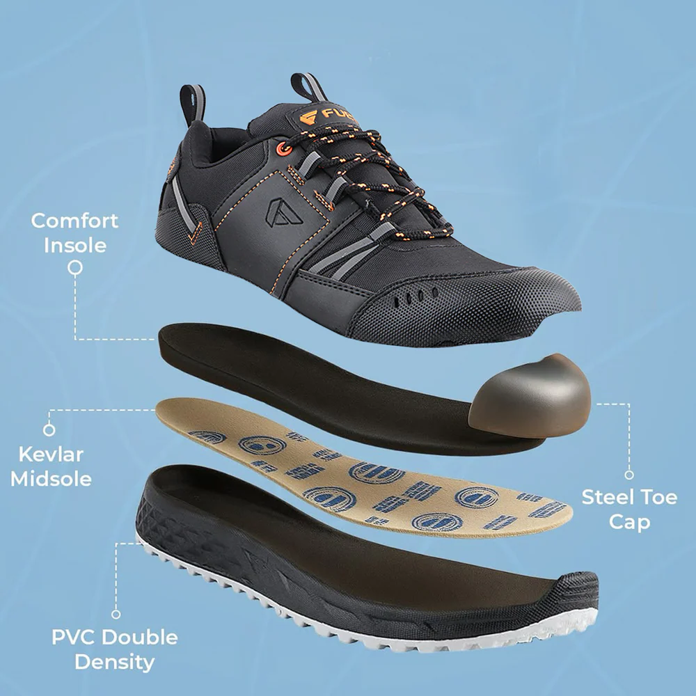 FUEL Falcon-01 Genuine Leather Industrial Safety Shoes for Men's with Steel Toe Cap in Single Density PU Sole (Black)
