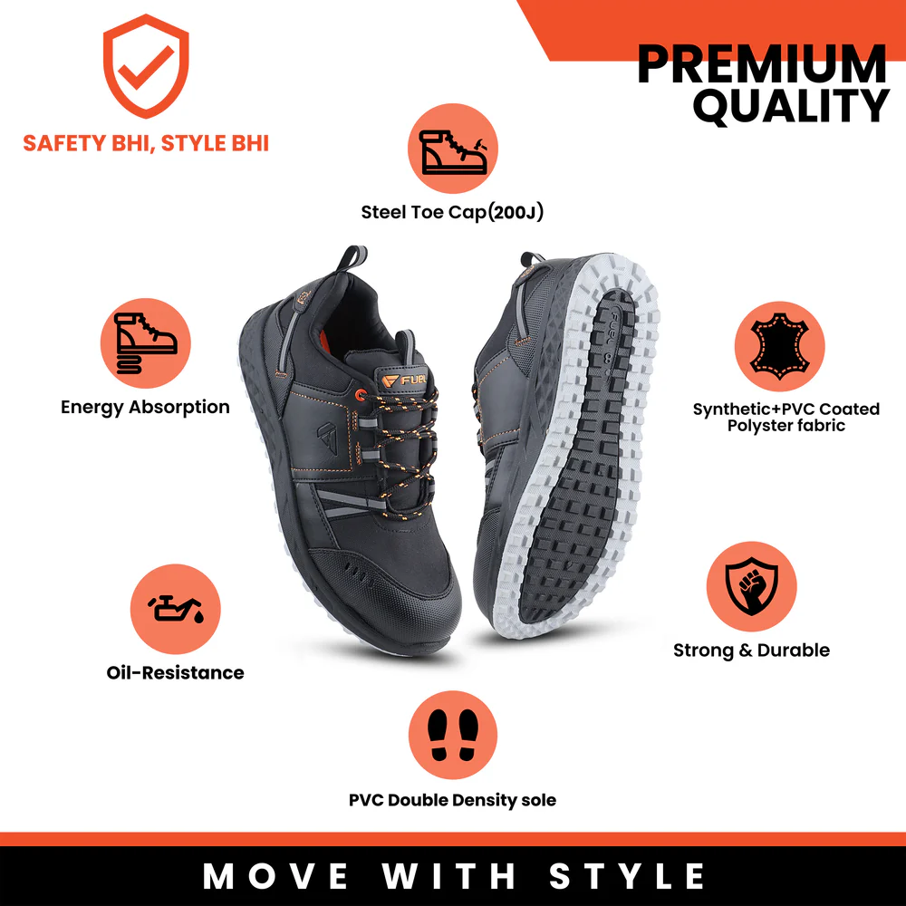 FUEL Falcon-01 Genuine Leather Industrial Safety Shoes for Men's with Steel Toe Cap in Single Density PU Sole (Black)