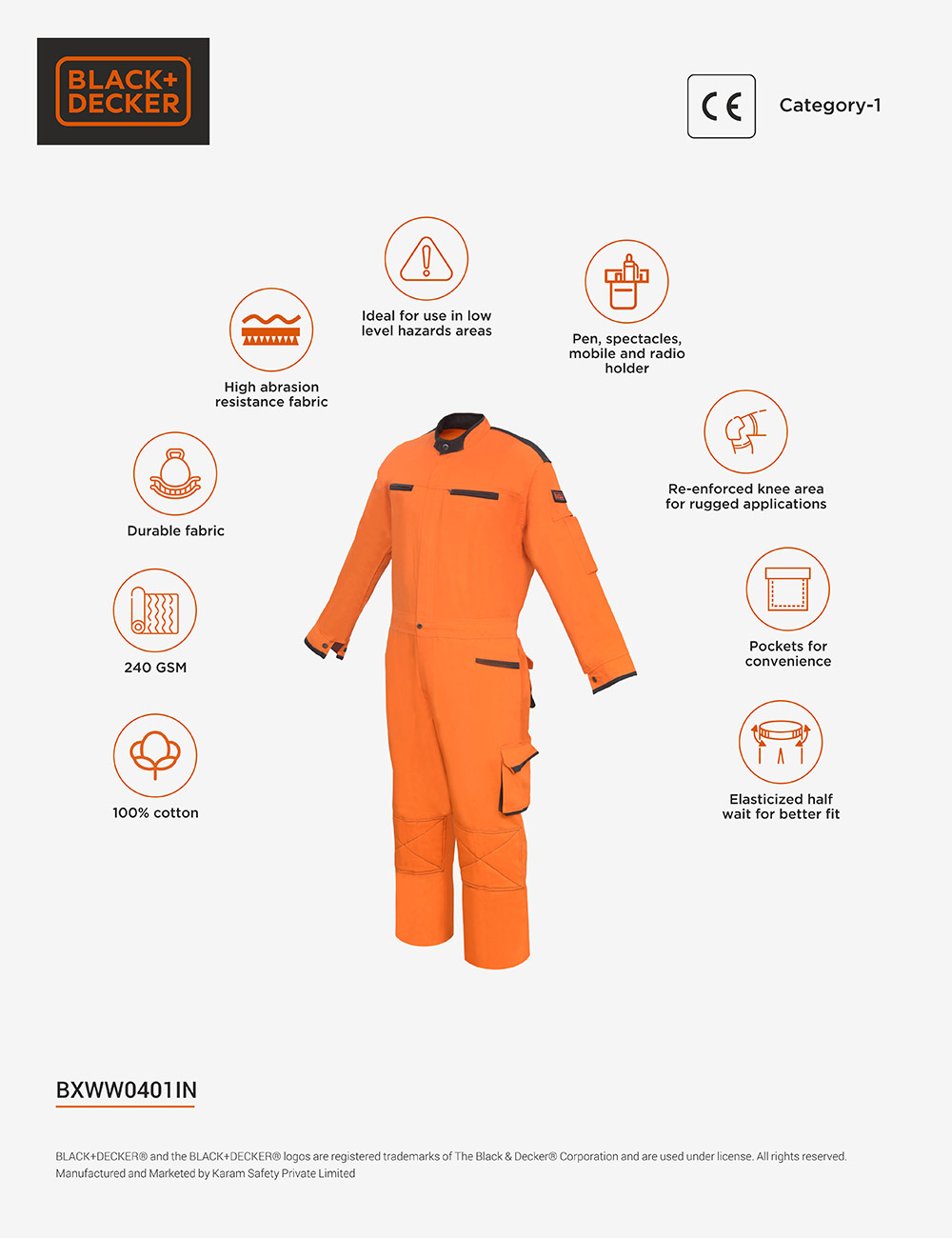 BLACK+DECKER 100% Cotton Orange Coverall, BXWW0401IN