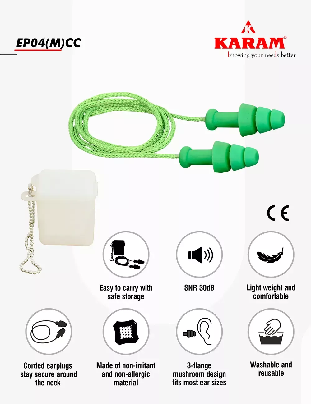 Reusable Ear Plugs with cord in Carry Case, EP04(M)(CC)