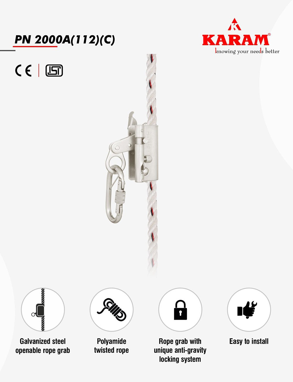 Guided type Fall Arrester System on Flexible Anchorage Line with Openable Rope Grab