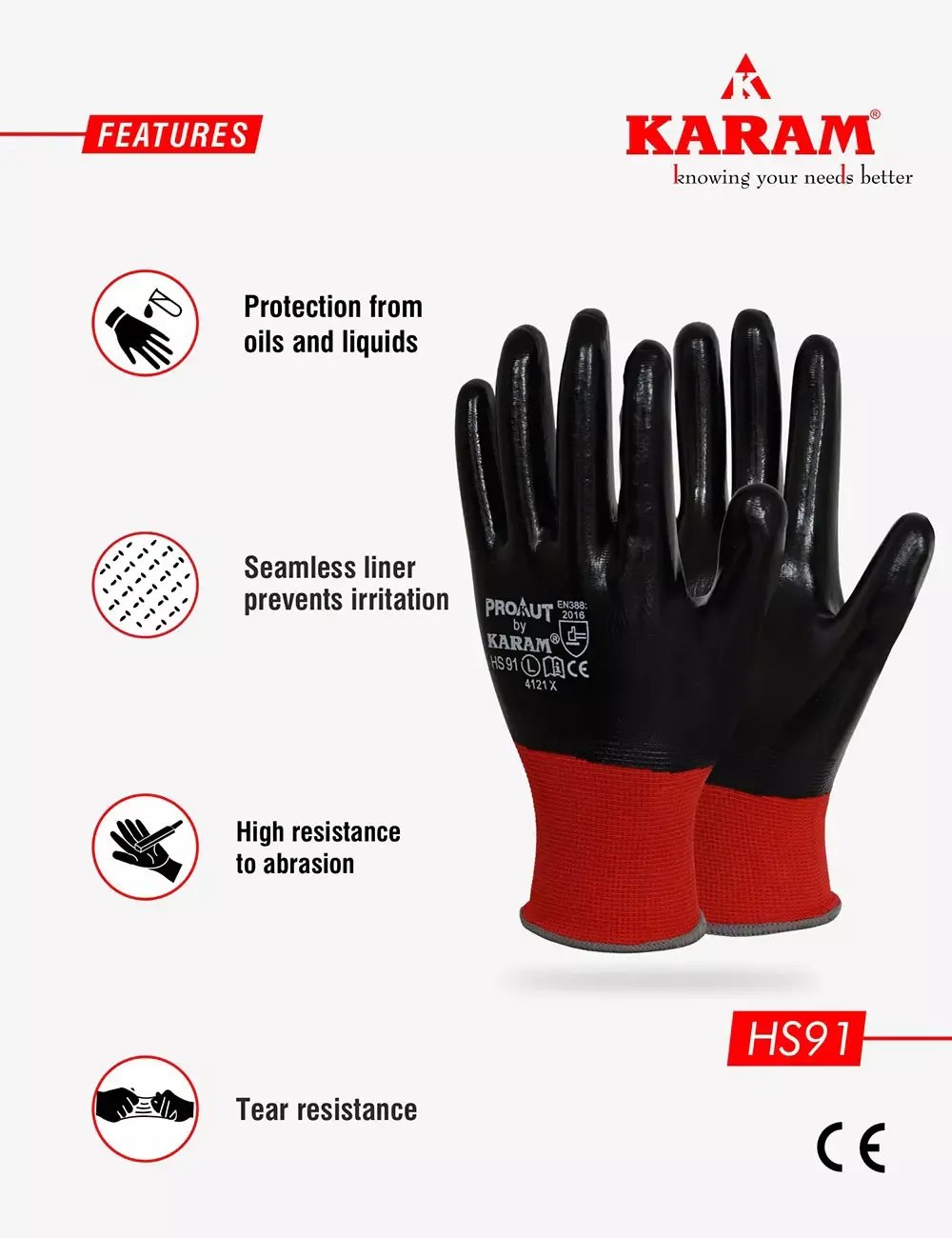 Red Polyester Liner with Black Nitrile Fully Coated with Smooth Finish, HS91