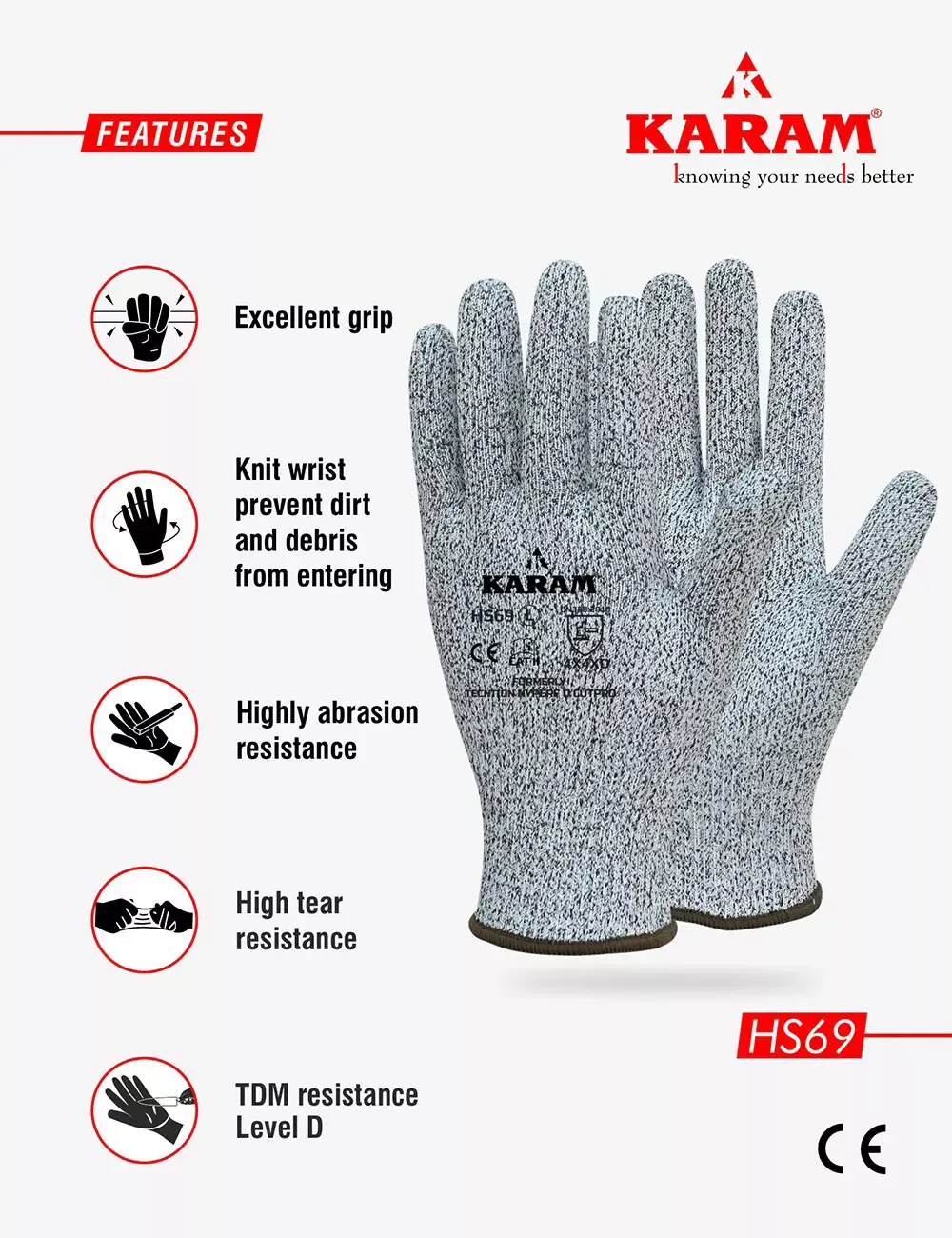 HPPE / Glass Liner Grey Safety Gloves, HS69