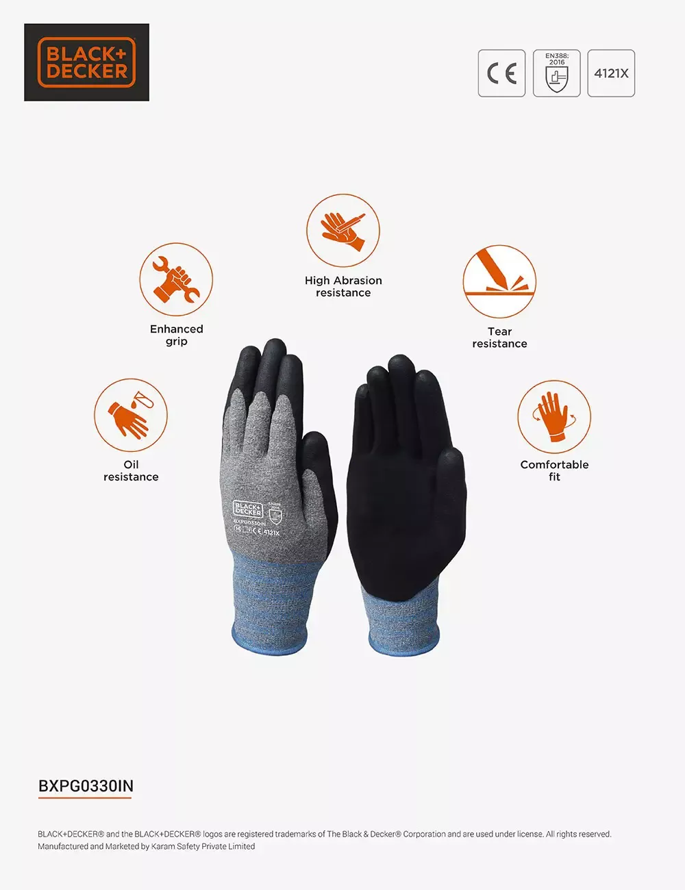 BLACK+DECKER Grey & Black Safety Nitrile Coated Gloves, Size-L BXPG0330IN
