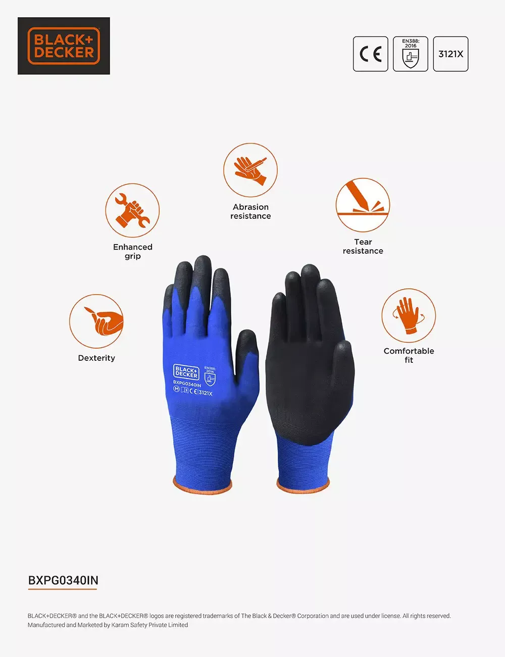BLACK+DECKER Blue & Black Polyurethane Coated Gloves, Size-L BXPG0340IN
