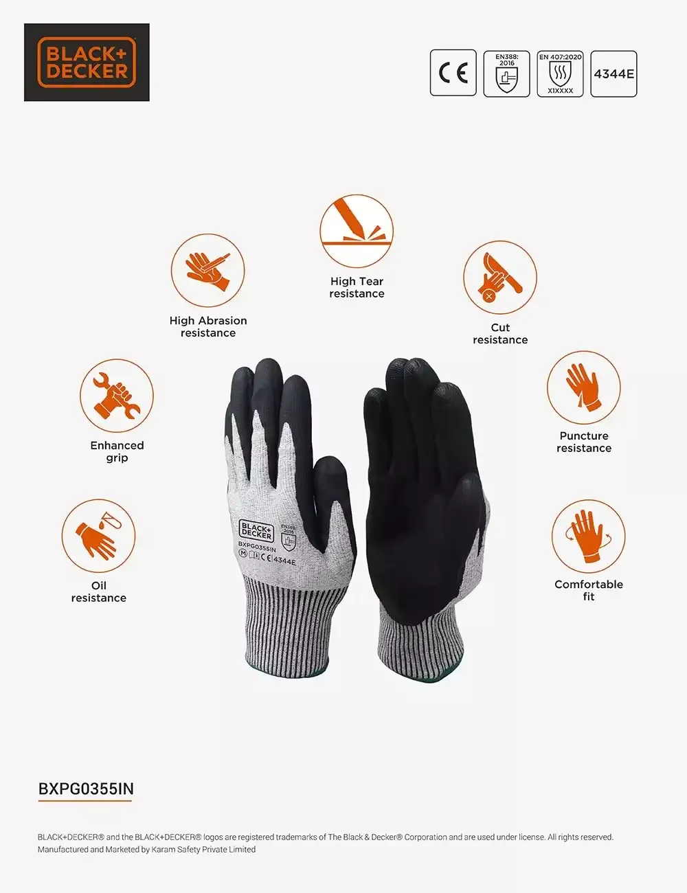 BLACK+DECKER Grey & Black Safety Hand Gloves Against Mechanical Risk, Size-L BXPG0355IN