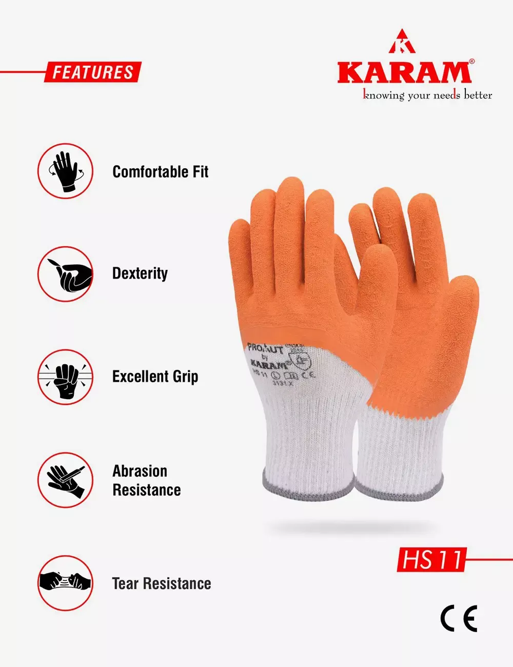 White Polycotton Liner with Orange Latex Crinkle Coating Glove, HS11