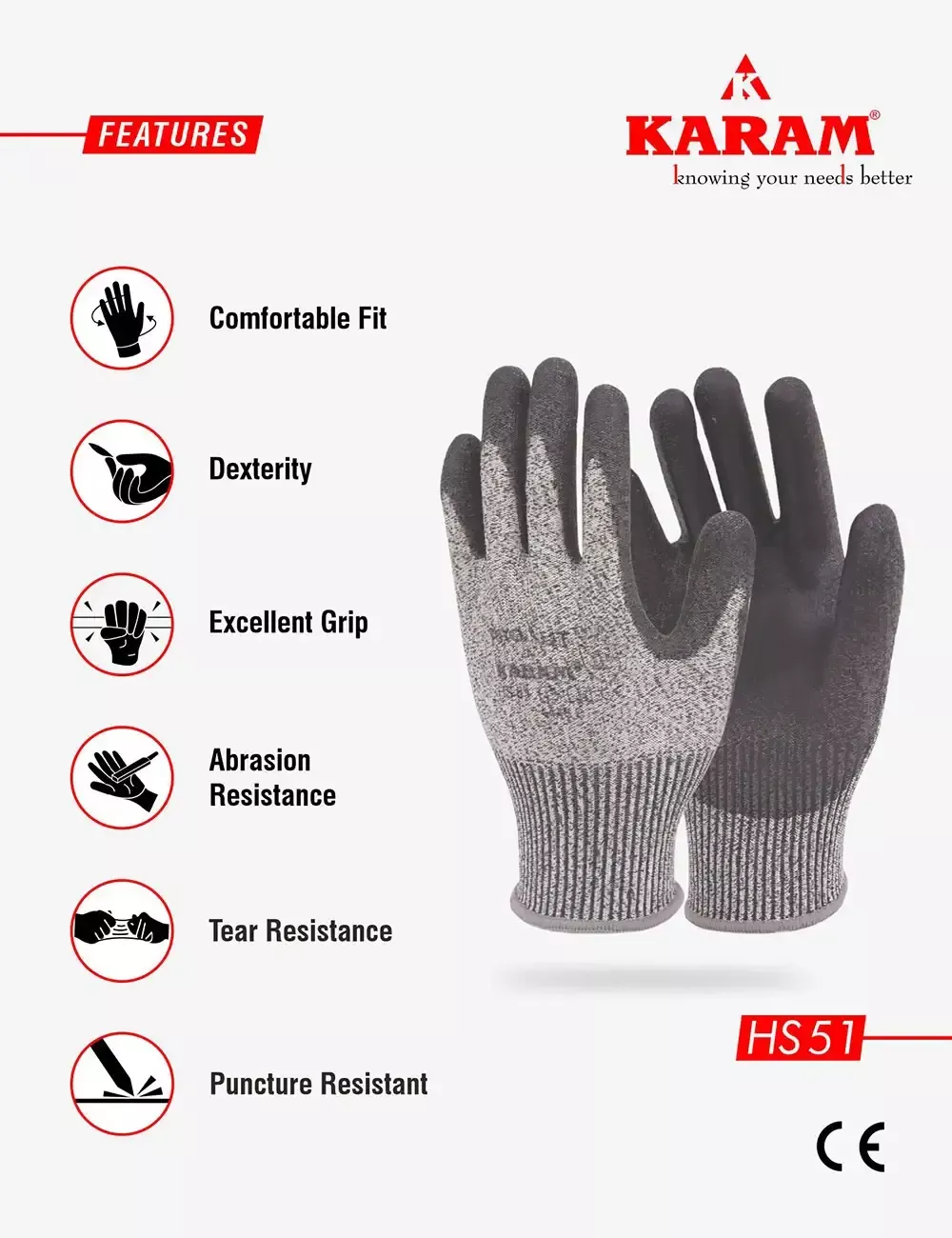 ProKut High Abrasion and High Cut Resistance with Black PU Coating Glove, HS51