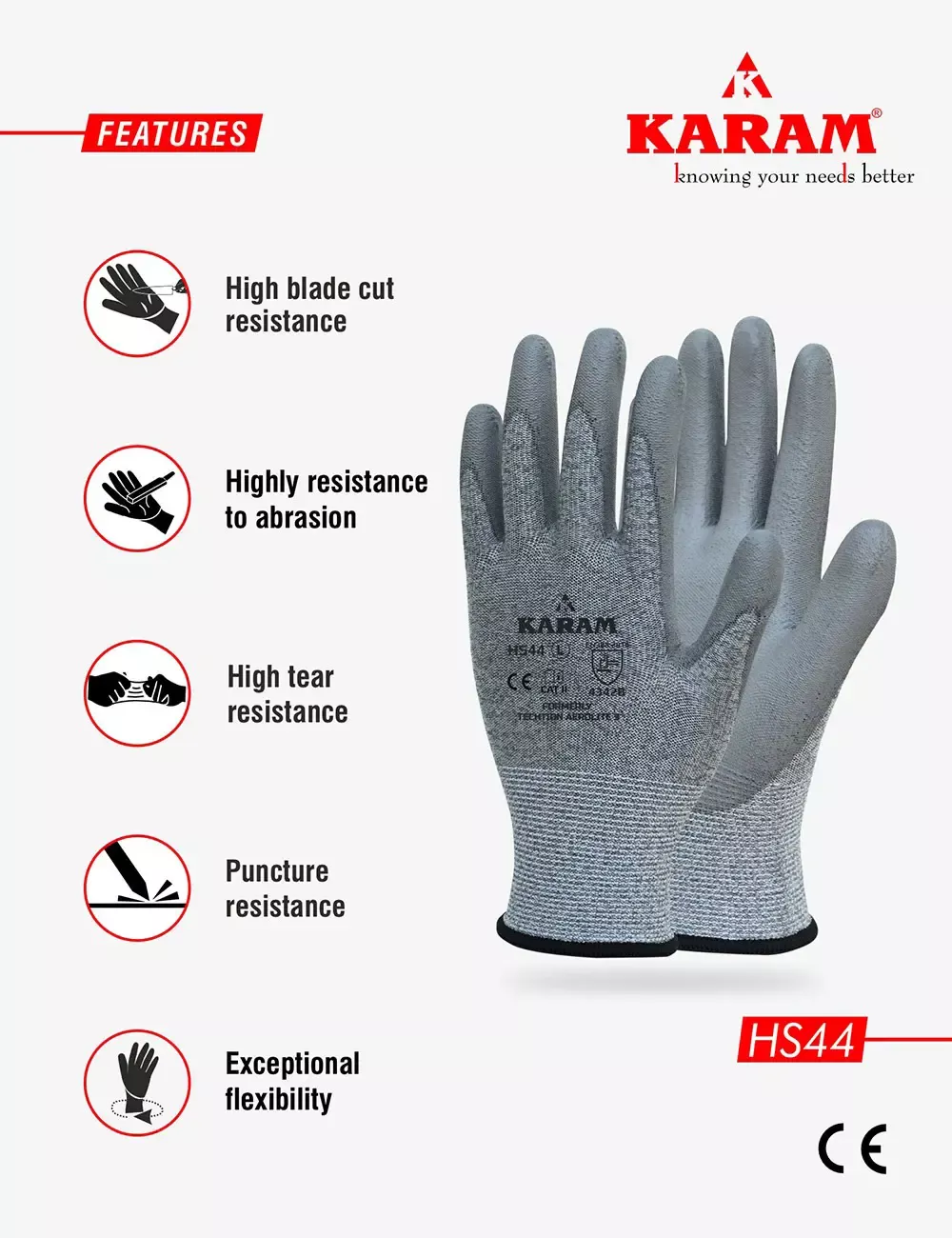HPPE/Glass Liner with Polyurethane Coating Safety Gloves, HS44