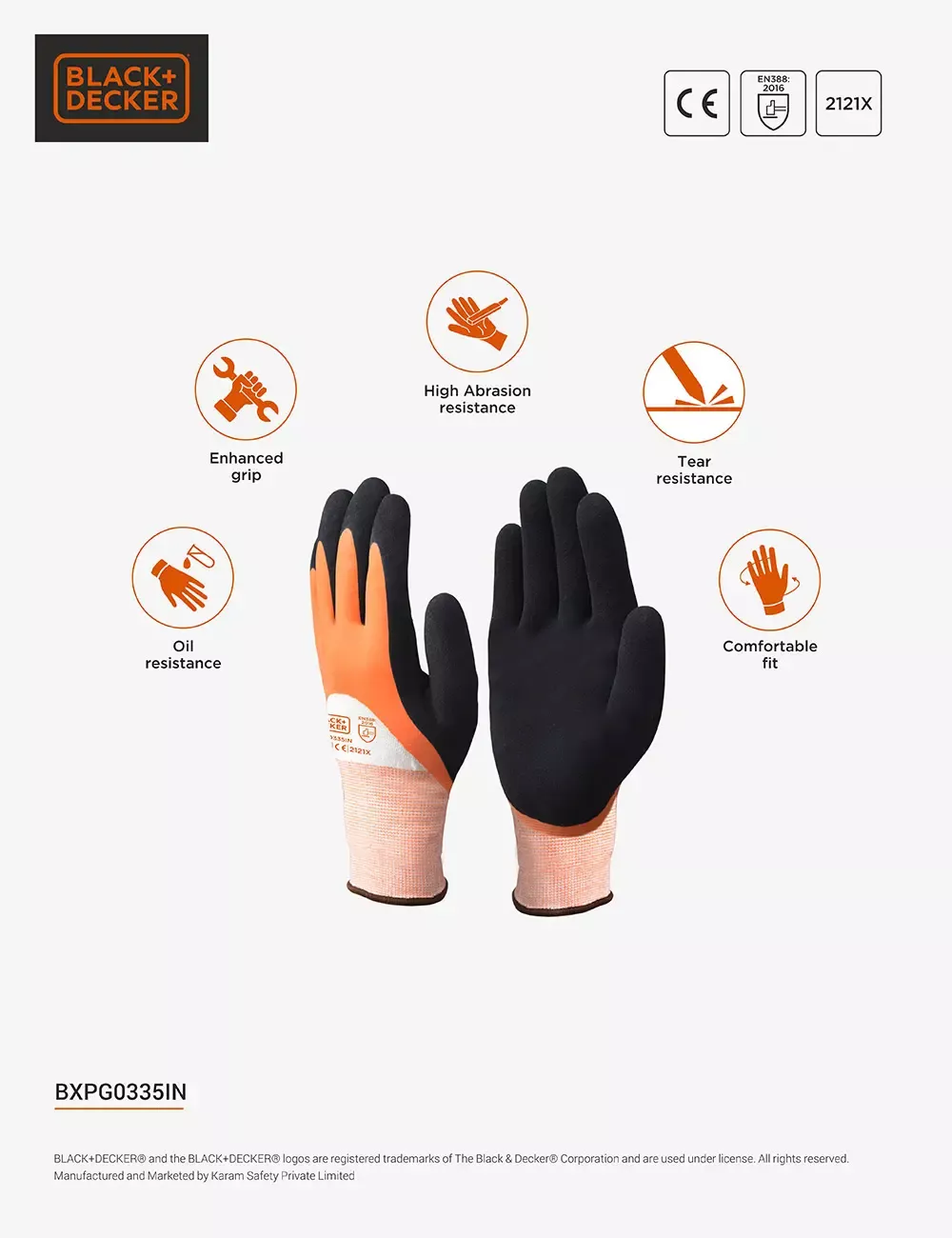 BLACK+DECKER Orange & Black Latex Coated Gloves, Size-L BXPG0335IN