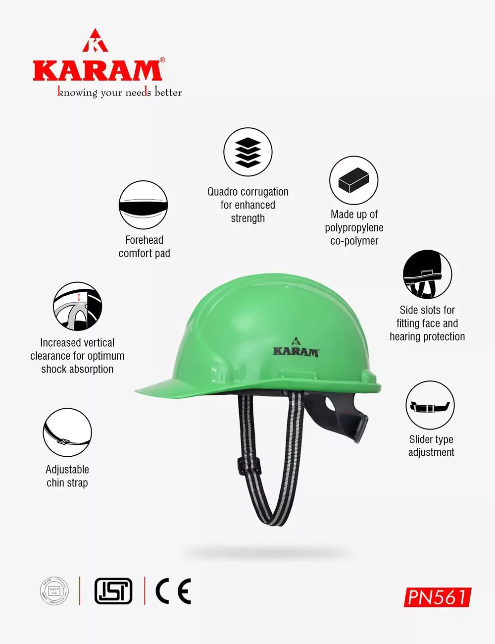 Safety Helmet with Protective Peak and Slider Type Adjustment, PN561