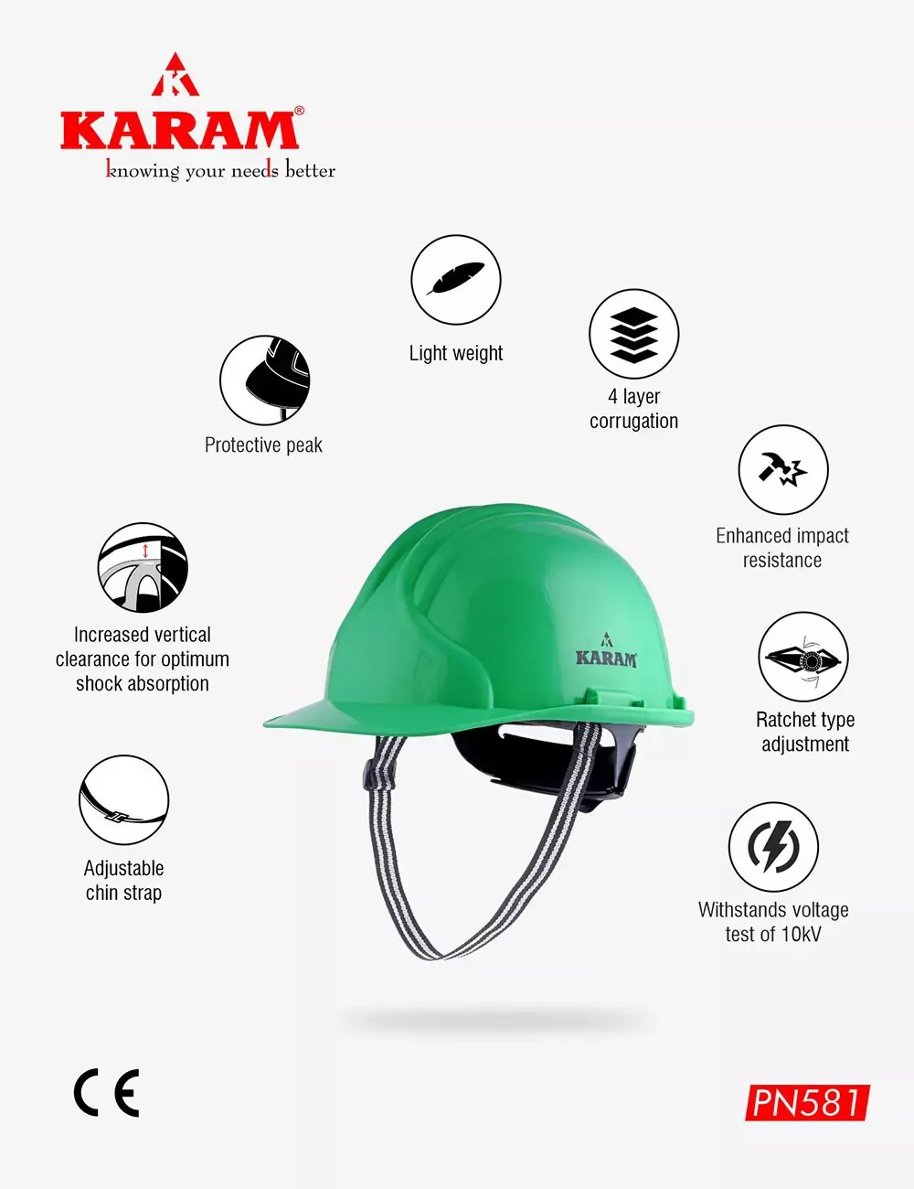 Safety Helmet with Protective Peak and Ratchet Type Adjustment, PN581