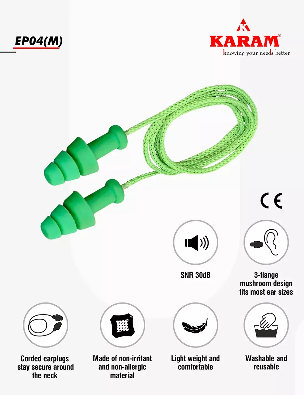 Re-Usable Earplugs with Cord, EP 04(M)