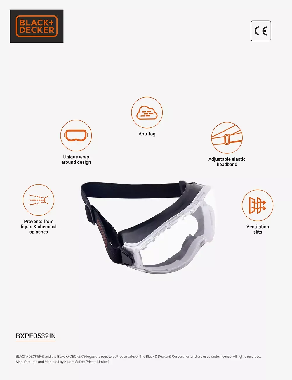BLACK+DECKER Chemical Splash Safety Goggles, BXPE0532IN