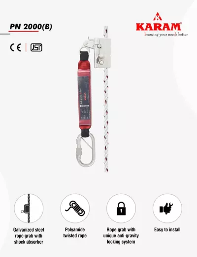 Guided type Fall Arrester System on Flexible Anchorage Line with Openable Rope Grab and Stitched Shock Absorber, PN2000(B)
