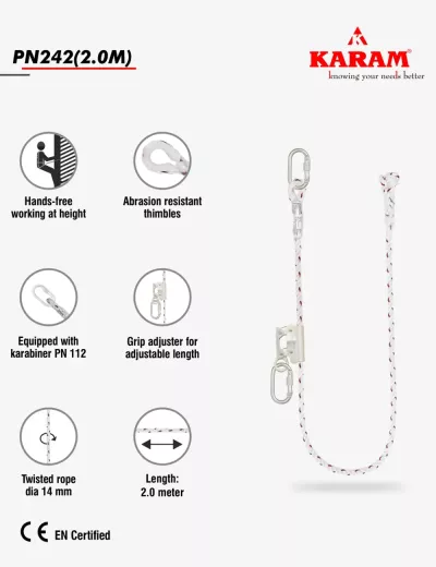 KARAM 2 m, Work Positioning Lanyard with Rope Grab RG03 and Protective Sleeve