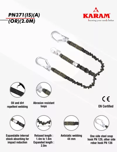 KARAM 2 m, Revolta Expandable Internal Shock Absorbing Forked Lanyard (Orange Variant, Industrial), PN371(IS)(A)(OR)(2.0M)