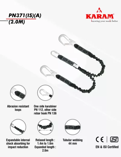 KARAM 2 m, Expandable Internal Shock Absorbing Twin Lanyard (Industrial Safety Variant), PN371(IS)(A)(2.0M)