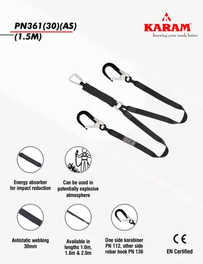 KARAM 1.5 m, Nospark Antistatic Forked Lanyard with Aluminium Karabiner PN117 and Aluminium Hooks PN136 (1.5M), PN361(30)(AS)(1.5M)
