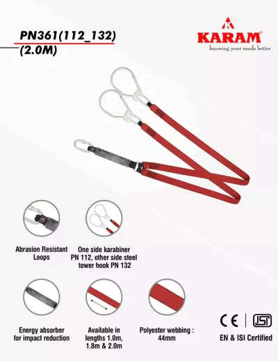 KARAM 2 m, Forked Lanyard with Energy Absorber One Side Karabiner PN112 and Other Side Hook PN132, PN361(112_132)(2.0M)