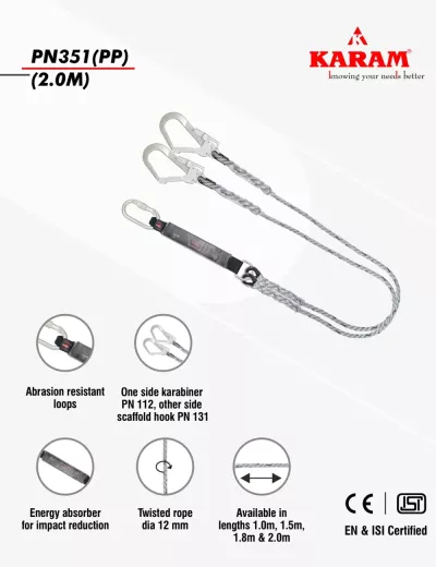 KARAM 2 m, Forked Lanyard with Energy Absorber One Side Karabiner PN112 and Other Side Hook PN121, PN351(PP)(2.0M)