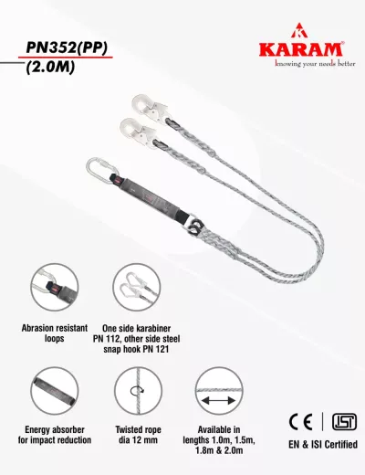 KARAM 2 m, Forked Lanyard with Energy Absorber One Side Karabiner PN112 and Other Side Hook PN121 Snap Hook, PN352(PP)(2.0M)