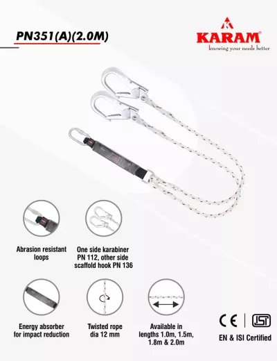 KARAM 2 m, Forked Lanyard with Energy Absorber Both Side Hook PN136 (Aluminium), PN351(A)(2.0M)