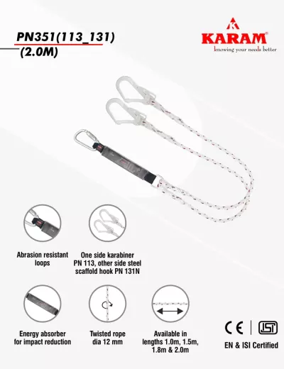 KARAM 2 m, Forked Lanyard with Energy Absorber One Side Hook PN113 and Other Side Hook PN131, PN351(113_131)(2.0M)