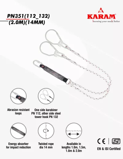 KARAM 2 m, Forked Lanyard with Energy Absorber One Side Karabiner PN112 and Other Side Hook PN132 (14 mm Rope), PN351(112_132)(2.0M)(14MM)