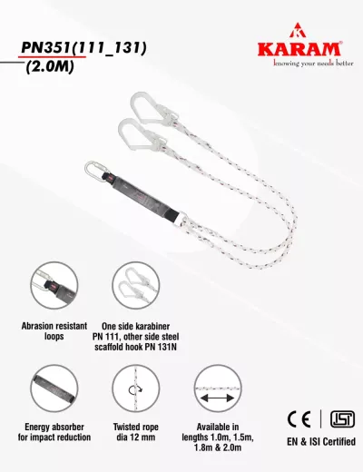 KARAM 2 m, Forked Lanyard with Energy Absorber and Connectors PN111 & PN131, PN351(111_131)(2.0M)