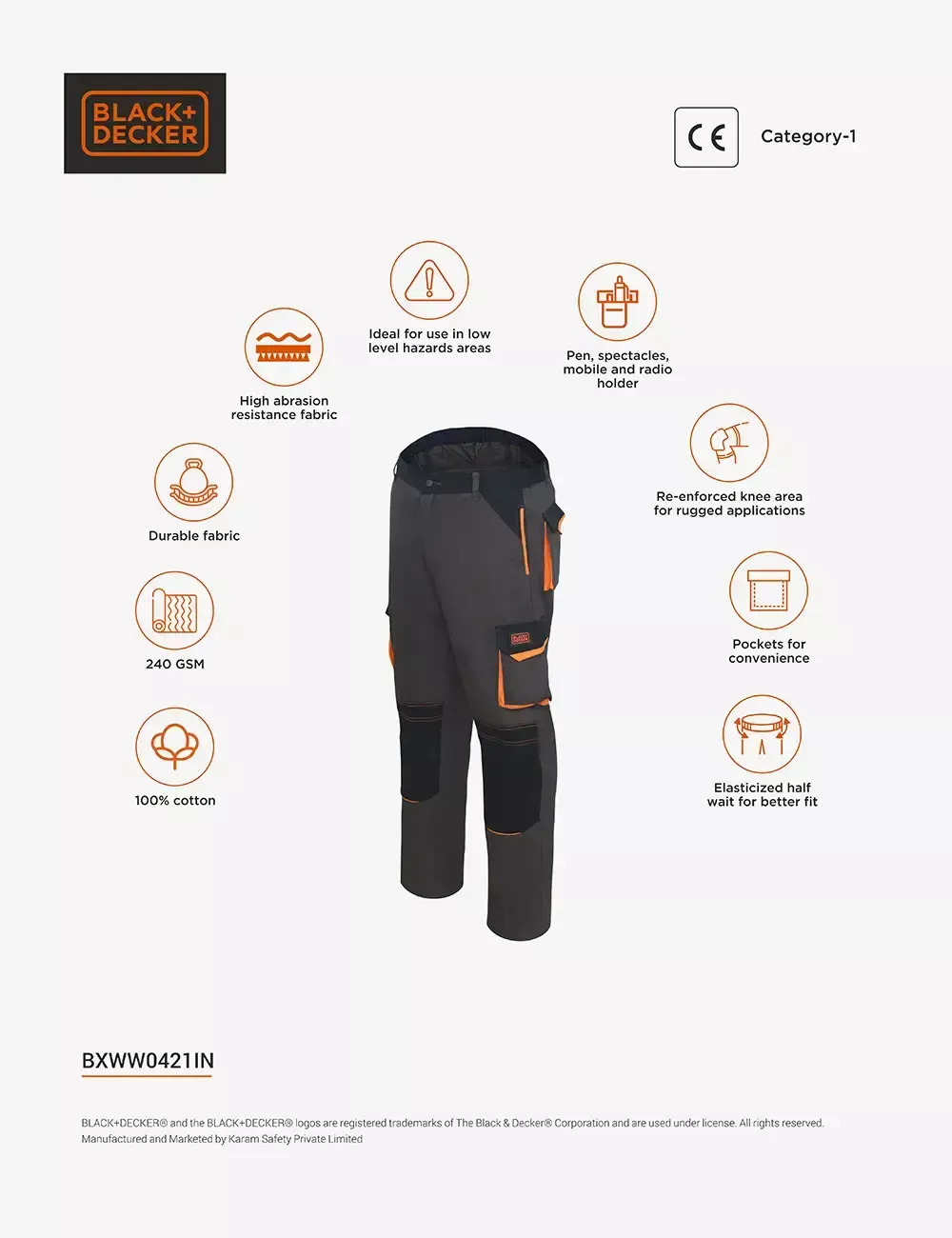 BLACK+DECKER Workmen 100% Cotton Black & Grey Trouser, BXWW0421IN