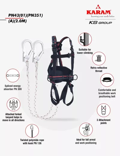KARAM Rhino Harness PN43 with Work Positioning Belt and Forked Lanyard