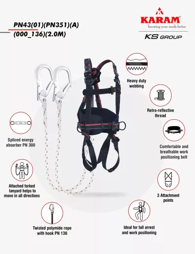KARAM Rhino Harness PN43 with Work Positioning Belt and Forked Lanyard Permanently PN136