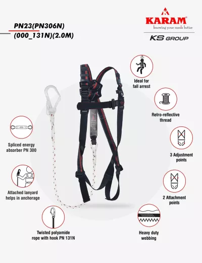 KARAM Rhino Harness PN23 with Energy Absorbing Twisted Rope Lanyard 2 meters