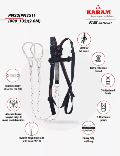 KARAM Rhino Harness PN23 with Forked Lanyard with Energy Absorber with Hook PN132