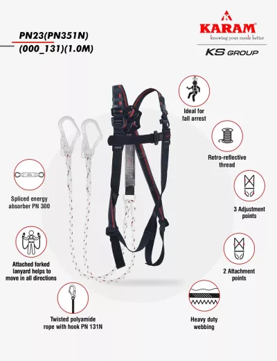 KARAM Rhino Harness PN23 with PN351 Forked Lanyard with Energy Absorber with Hook PN131N