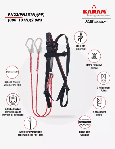 KARAM Rhino Harness PN23 with PN351(PP) Forked Lanyard with Energy Absorber with Hook PN131N 2 meters