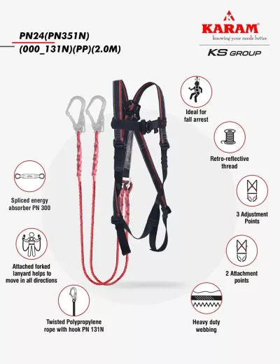 KARAM Rhino Harness PN24 with PN351(PP) Forked Lanyard with Energy Absorber with Hook PN131N 2 meters
