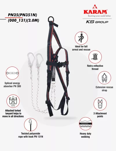 KARAM Rhino Harness PN25 with PN351 Forked Lanyard with Energy Absorber with Hook PN131N 2 meters