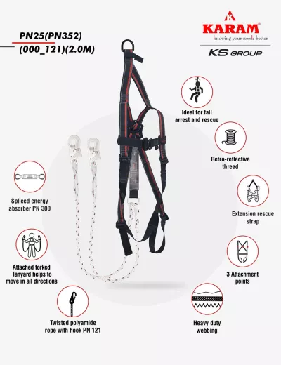 KARAM Rhino Harness PN25 with PN352 Lanyard with Energy Absorber with Hook PN121 2 meters