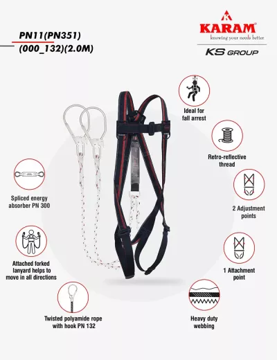 KARAM Rhino Harness PN11, PN351 Forked Lanyards with Energy Absorber Hook PN131N