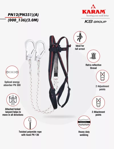 KARAM Rhino Harness PN12 with PN351 Forked Lanyards with Energy Absorber Hook PN136