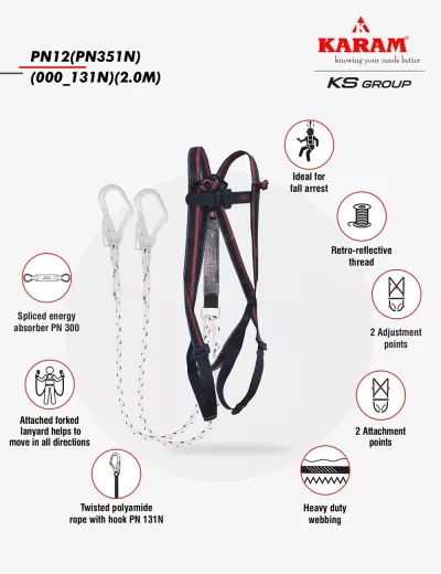 KARAM Rhino Harness PN12 with PN351 Forked Lanyards with Energy Absorber Hook PN131N, PN12(PN351N)(000_131N)(2.0M)