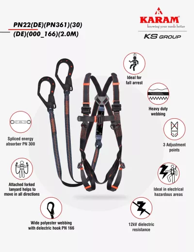 KARAM DIENOC Dielectric Non-Conductive Harness with DIENOC E.A Forked Lanyard, PN22(DE)(PN361)(30)(DE)(000_166)(2.0M)