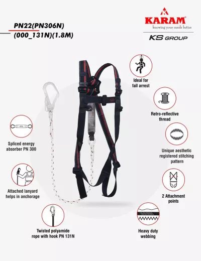 KARAM Rhino Harness PN22 with Energy Absorbing Twisted Rope Lanyard 1.8 meters