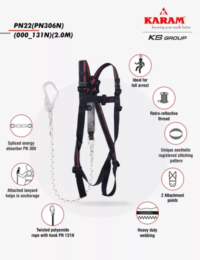 KARAM Rhino Harness PN22 with Energy Absorbing Twisted Rope Lanyard 2 meters
