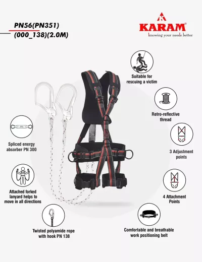 KARAM Rhino Harness PN56 with PN351 Forked Lanyards with Energy Absorber Hook PN138, PN56(PN351)(000_138)(2.0M)