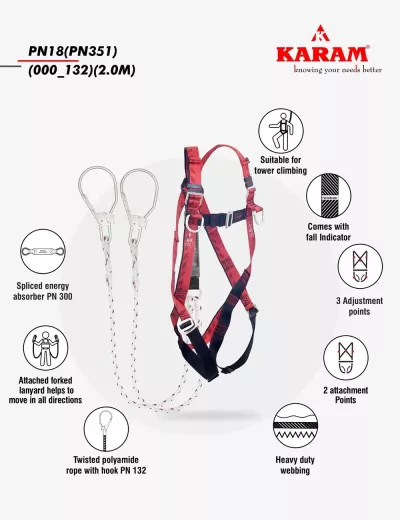 KARAM Full Body E-Con Harness for Tower Climbing with PN351 Hook PN132 Forked Lanyards with Energy Absorber, PN18(PN351)(000_132)(2.0M)